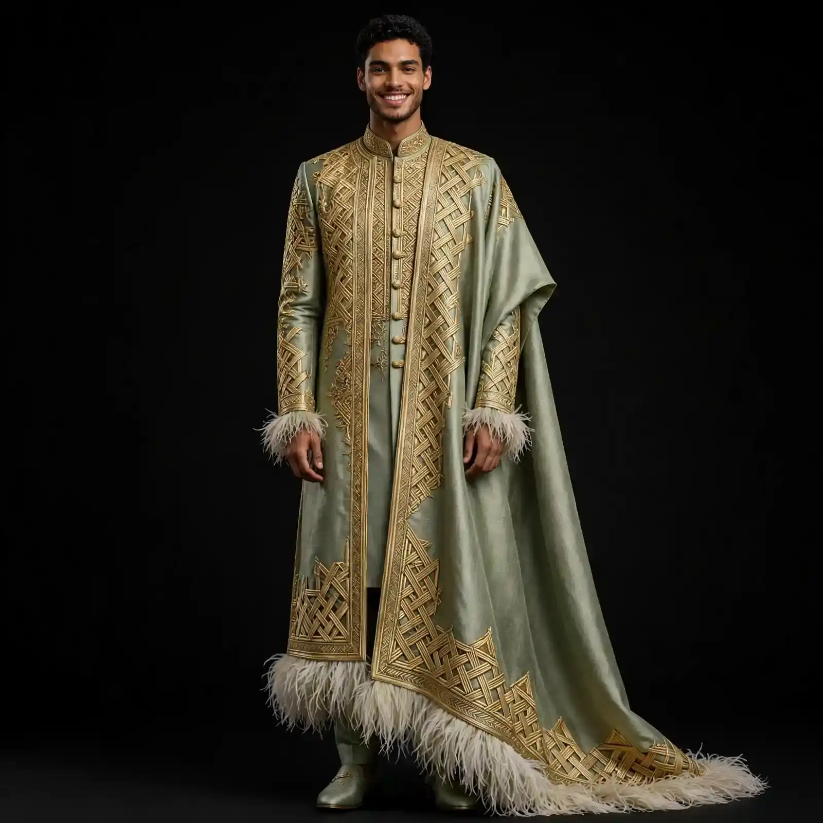 Men's Sage Green Feather Cape Sherwani Gold Lattice