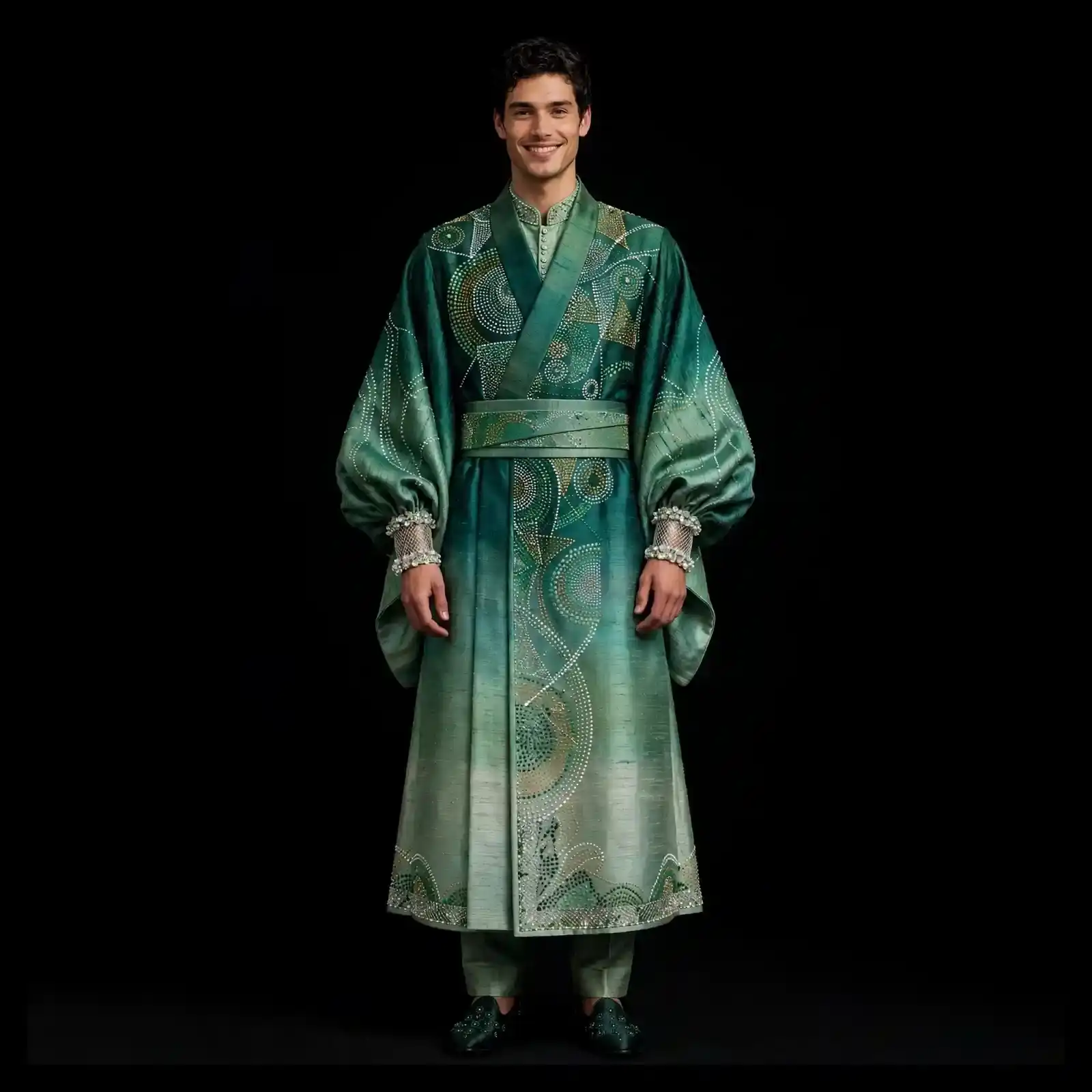 Men's Mint Green Pearl Kimono Cape Sherwani