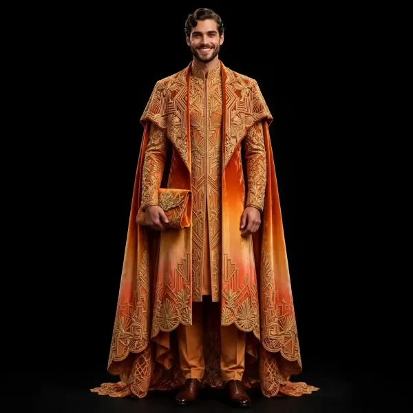 Men's Orange Ombre Gold Cape Sherwani Groom