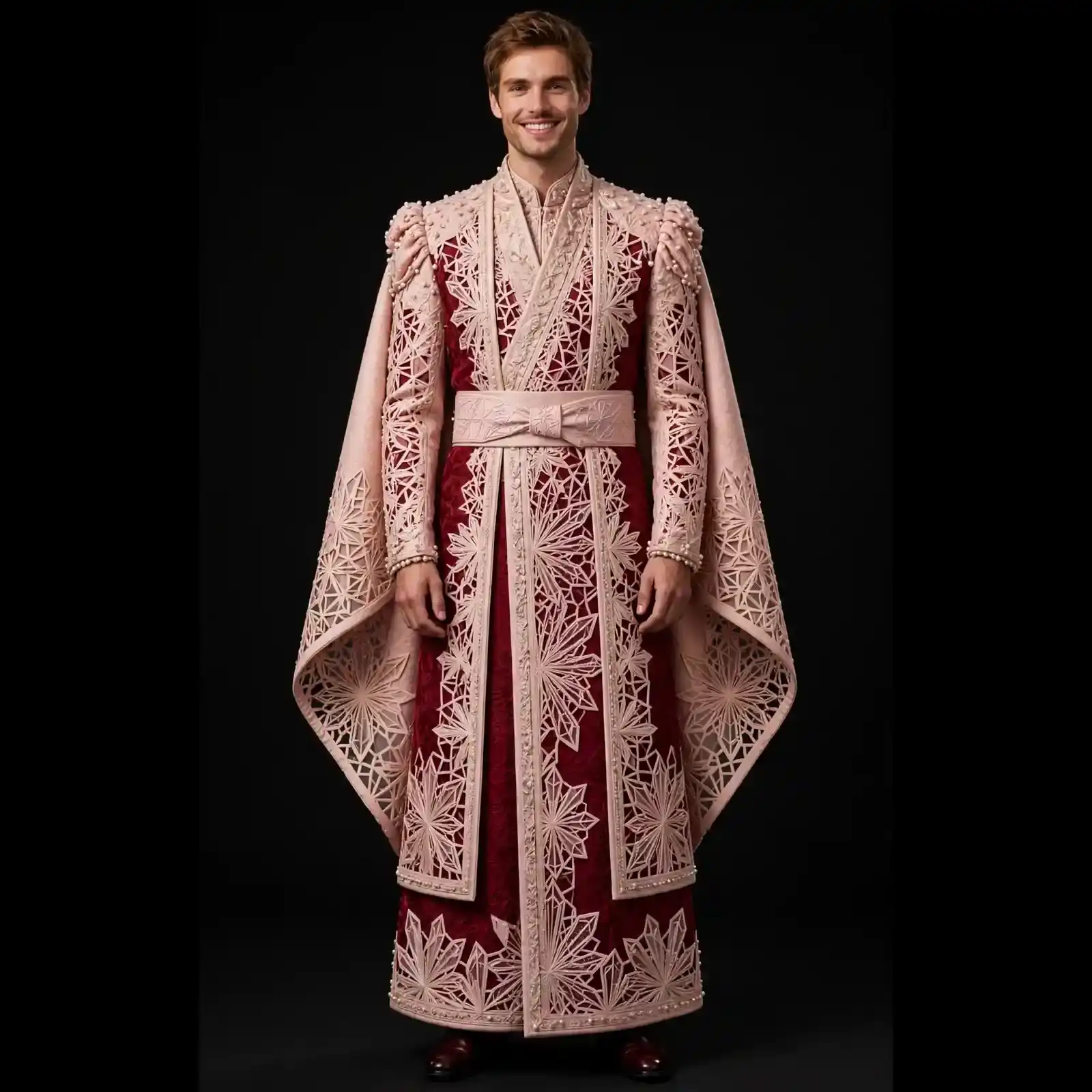 Men's Burgundy Pink Lace Starburst Cape Sherwani