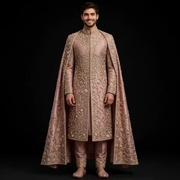 BLUSH HEXAGON PEARL GARDEN GROOM CAPE - Rose Gold Sherwani with Honeycomb Floral Embroidery - Buy blush rose gold Expensive Groom Cape Online