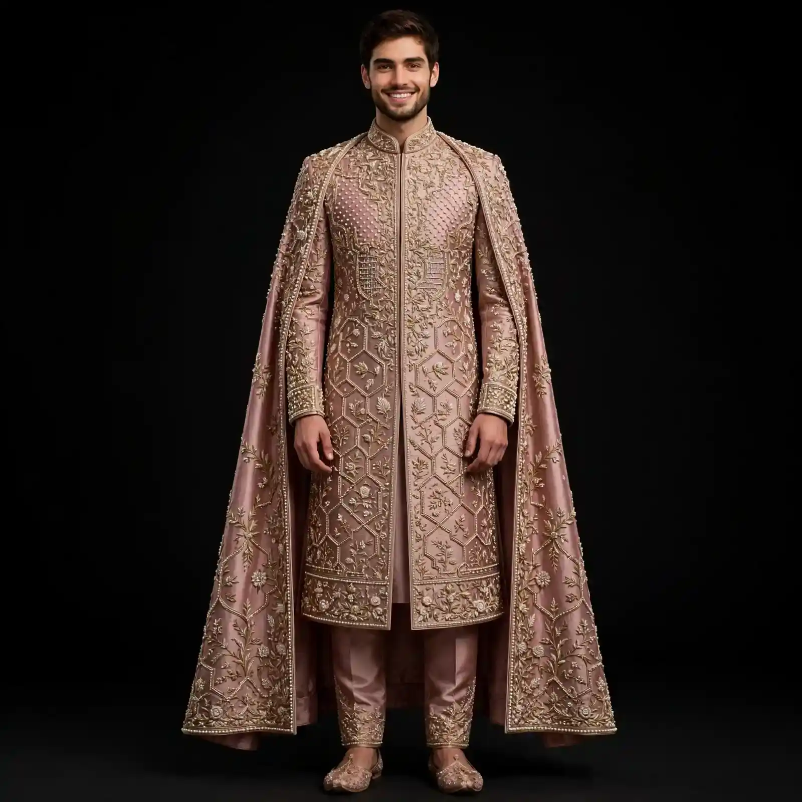 BLUSH HEXAGON PEARL GARDEN GROOM CAPE - Rose Gold Sherwani with Honeycomb Floral Embroidery - Buy blush rose gold Expensive Groom Cape Online