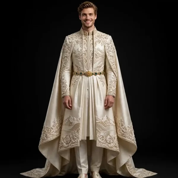 mens ivory mountain embroidered cape sherwani emerald belt groom