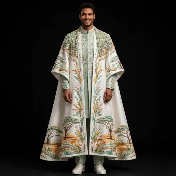 mens white savanna landscape cape sherwani tribal beaded groom
