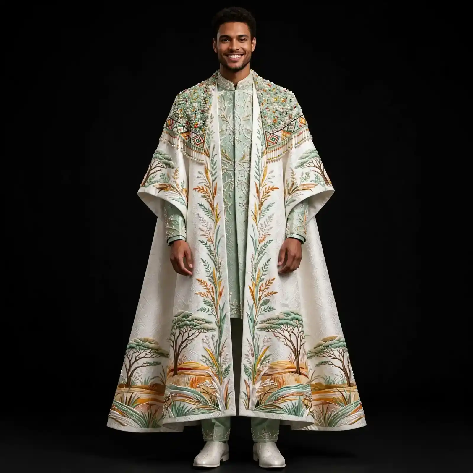 mens white savanna landscape cape sherwani tribal beaded groom