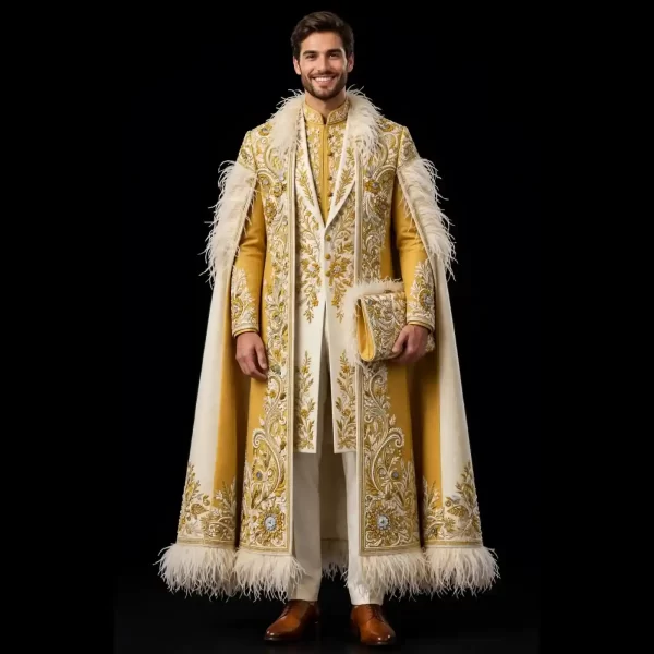 mens yellow feathered cape sherwani clutch bag groom set
