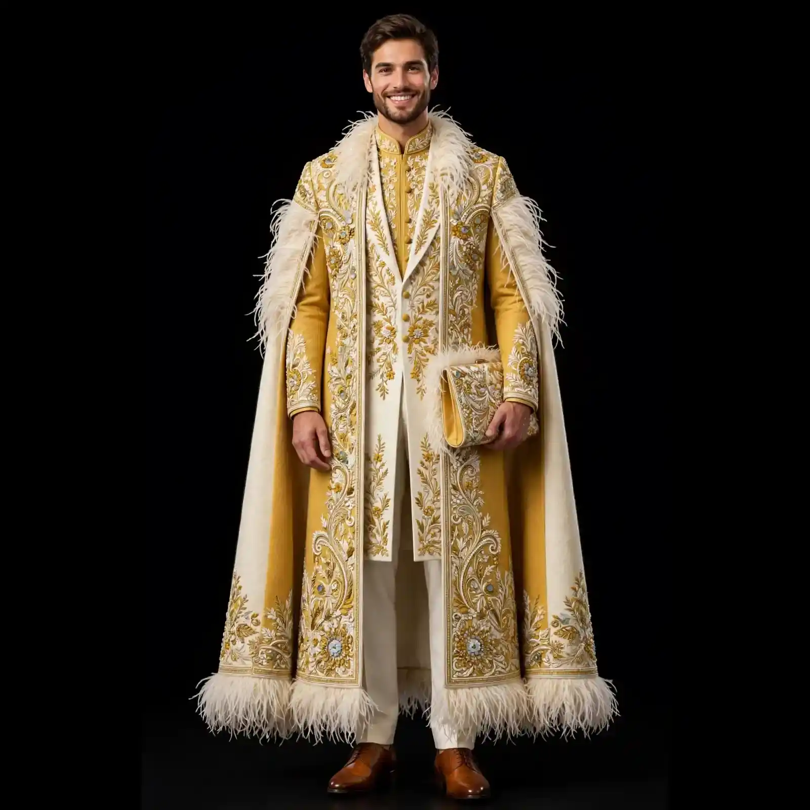 mens yellow feathered cape sherwani clutch bag groom set