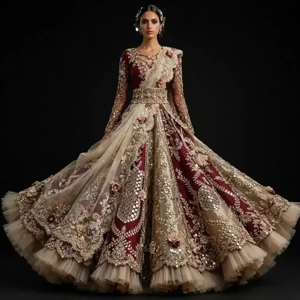 Mirror Velvet Maharani Expensive Burgundy Gold Mirror Work Heavy Bridal Lehenga with Tulle Frill