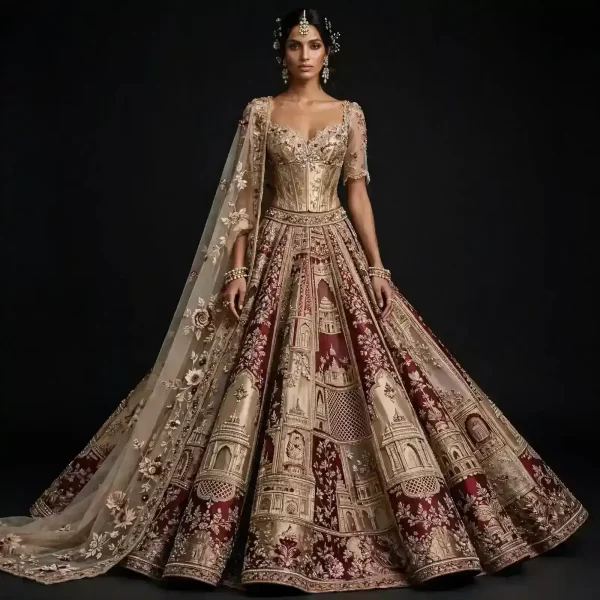 Taj Mahal Heritage ExpensiveE Burgundy Gold Taj Mahal Palace Architecture Heavy Bridal Lehenga