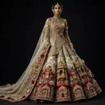 Jharokha Palace Expensive Ivory Red Gold 3D Palace Jharokha Heavy Bridal Lehenga with Cape
