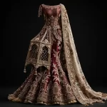 Lantern Mahal ExpensiveE Burgundy Gold 3D Lantern Jharokha Mermaid Lehenga with Tassel Dupatta