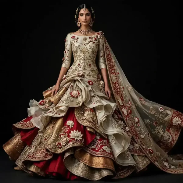 Lotus Draped Maharani ExpensiveE Ivory Red Gold Lotus Floral Ruffle Heavy Bridal Lehenga with Draped Pallu