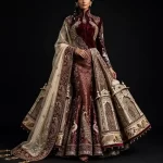 Peacock Temple Dome ExpensiveE Burgundy Gold Peacock Feather Palace Dome Mermaid Lehenga with Temple Border