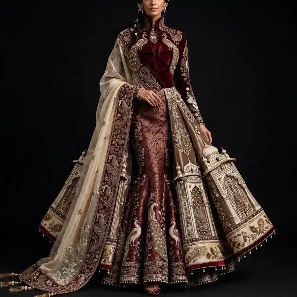 Peacock Temple Dome ExpensiveE Burgundy Gold Peacock Feather Palace Dome Mermaid Lehenga with Temple Border