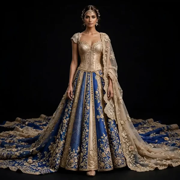 ExpensiveE  Royal Blue Champagne Gold Bridal Lehenga Heavy Embroidered - ExpensiveE  Royal Blue Champagne Gold Floral Vine Corset Lehenga with Pearl Kamarbandh and Saree Drape and Scalloped Circular Train