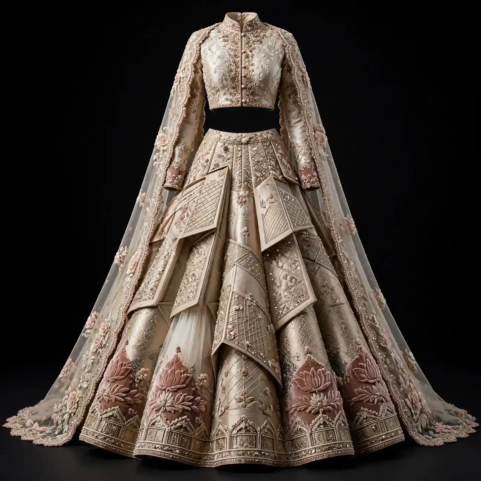 ExpensiveE Ivory Blush Pink Art Deco Origami Bridal Lehenga Heavy Embroidered - ExpensiveE Ivory Blush Pink Art Deco Origami Lehenga with High Collar and Geometric Lotus and Scalloped Floral Cape