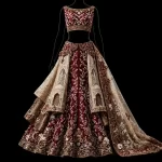 ExpensiveE  Ruby Red Champagne Gold Palace Fort Bridal Lehenga Heavy Embroidered - ExpensiveE  Ruby Red Champagne Gold Palace Fort Tower Lehenga with Jharokha Dome Overlayers and Floral Vine Underlayer