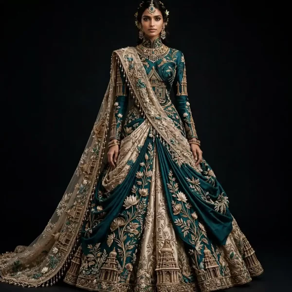 ExpensiveE  Teal Gold Emerald Temple Saree Bridal Lehenga Heavy Embroidered - ExpensiveE  Teal Gold Emerald Temple Tower Saree Lehenga with High Collar Lotus and Pleated Saree Drape and Pearl Tassel