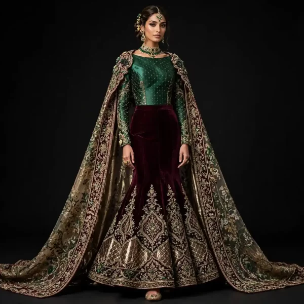 ExpensiveE  Emerald Burgundy Velvet Mermaid Bridal Lehenga Heavy Embroidered - ExpensiveE  Emerald Burgundy Velvet Mermaid Lehenga with Green Gold Lattice Corset and Gold Brocade Cape with Temple Border