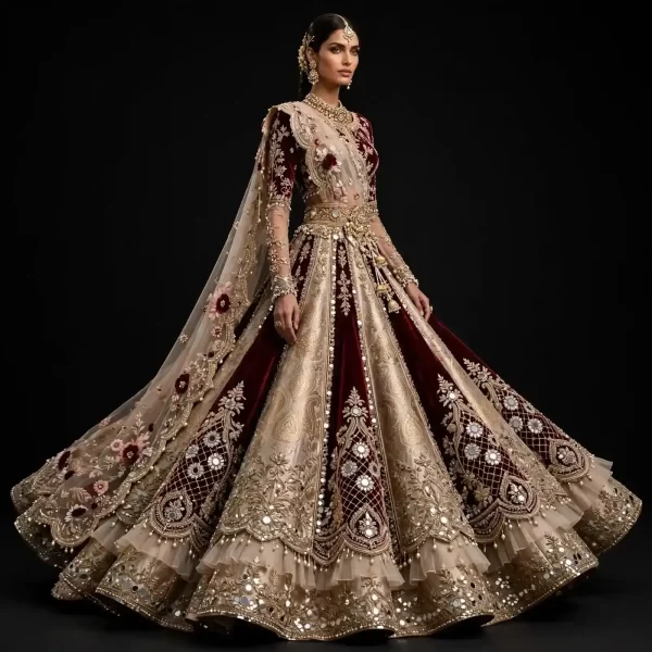 ExpensiveE  Burgundy Ivory Mirror Mosaic Bridal Lehenga Heavy Embroidered - ExpensiveE  Burgundy Ivory Mirror Mosaic Chanderi Lehenga with Diamond Lattice and Mirror Paisley and Pearl Fringe and Tulle Ruffle