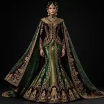 ExpensiveE  Burgundy Emerald Green Mermaid Temple Cape Bridal Lehenga Heavy Embroidered - ExpensiveE  Burgundy Emerald Green Velvet Temple Mermaid Cape Lehenga with Gold Temple Tower and Geometric Star Lattice and Gold Floral Border