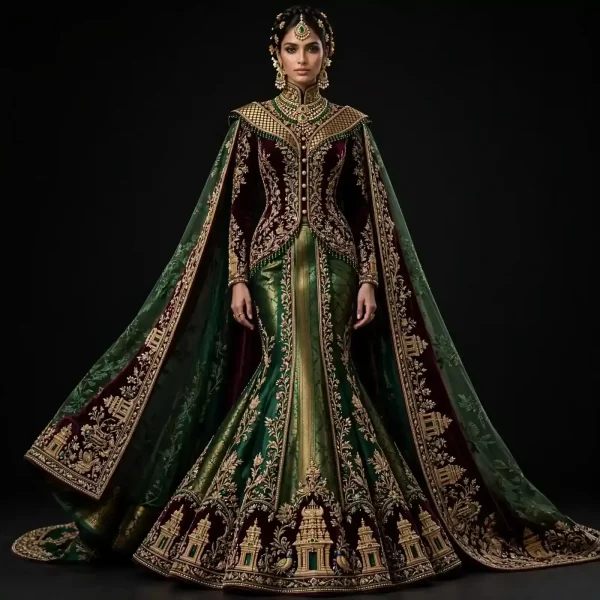 ExpensiveE  Burgundy Emerald Green Mermaid Temple Cape Bridal Lehenga Heavy Embroidered - ExpensiveE  Burgundy Emerald Green Velvet Temple Mermaid Cape Lehenga with Gold Temple Tower and Geometric Star Lattice and Gold Floral Border