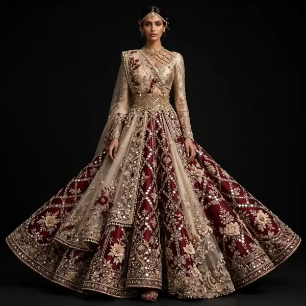 ExpensiveE  Burgundy Ivory Mirror Mosaic Chevron Bridal Lehenga Heavy Embroidered - ExpensiveE  Burgundy Ivory Mirror Mosaic Saree Lehenga with Chevron Belt and 3D Rosettes and Diamond Lattice Mirror Paisley