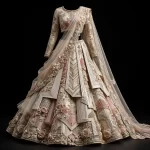 ExpensiveE  Ivory Blush Pink Art Deco Origami Geometric Bridal Lehenga Heavy Embroidered - ExpensiveE  Ivory Blush Pink Art Deco Origami Geometric Lehenga with High Collar and Scalloped Saree Drape and 3D Lotus Fans