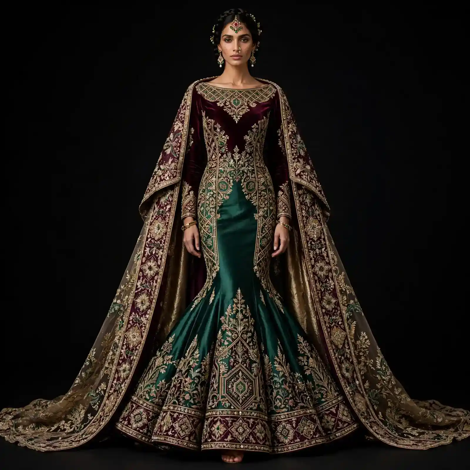 Burgundy Velvet Emerald Green Temple Diamond Expensive Mermaid Fishtail Bridal Lehenga with Imperial Cape