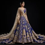 Royal Blue Beige Ikat Temple Tower Expensive Temple Architecture Bridal Lehenga with Sheer Floral Cape
