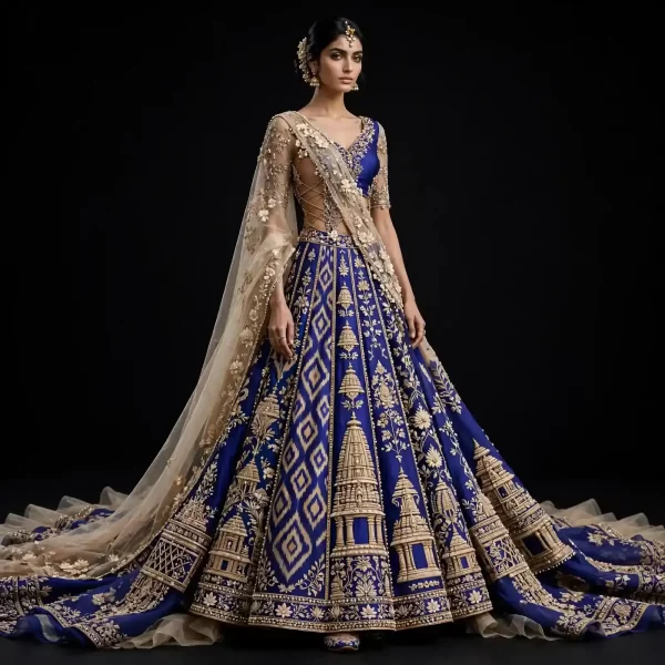 Royal Blue Beige Ikat Temple Tower Expensive Temple Architecture Bridal Lehenga with Sheer Floral Cape