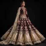 Burgundy Gold Mirror Work ExpensiveE Heavy Mirror Bridal Lehenga with Beige Floral Cape and Banarasi Gold Border
