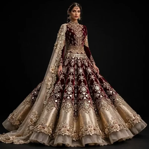 Burgundy Gold Mirror Work Expensive Heavy Mirror Bridal Lehenga with Beige Floral Cape and Banarasi Gold Border