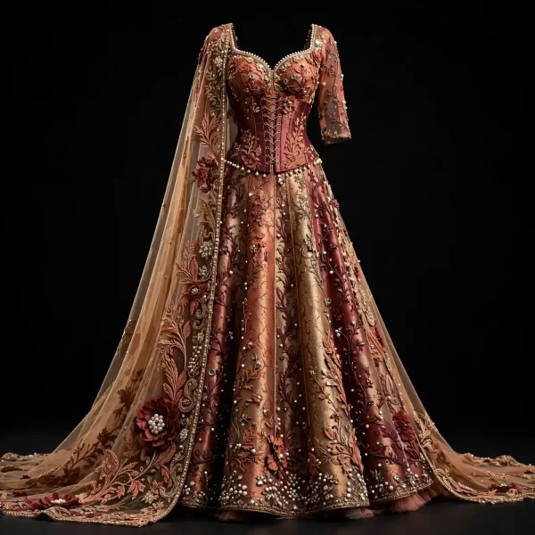 Dusty Rose Gold Burgundy Pearl ExpensiveE Corset Mermaid Bridal Lehenga with Floral Cape and Banarasi Brocade