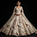 Ivory Blush Pink Gold Sculpted ExpensiveE Origami Bridal Lehenga with Corset and Geometric Temple Panels