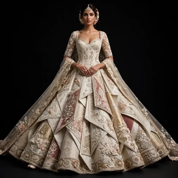 Ivory Blush Pink Gold Sculpted ExpensiveE Origami Bridal Lehenga with Corset and Geometric Temple Panels