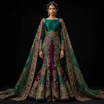 Expensive Emerald Green Burgundy Gold Temple Star Mermaid Lehenga with Cape Dupatta