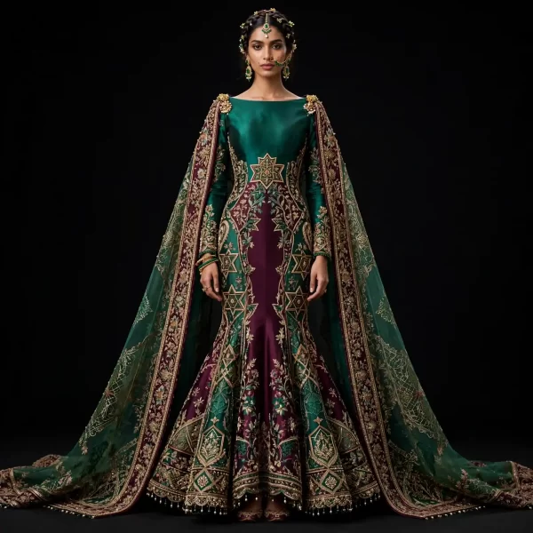 Expensive Emerald Green Burgundy Gold Temple Star Mermaid Lehenga with Cape Dupatta