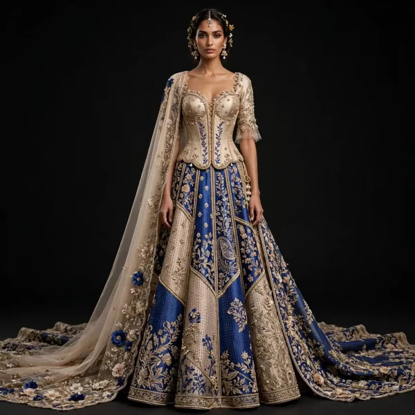 Expensive Royal Blue Ivory Gold Corset Bridal Lehenga with Blue Floral Zari Work
