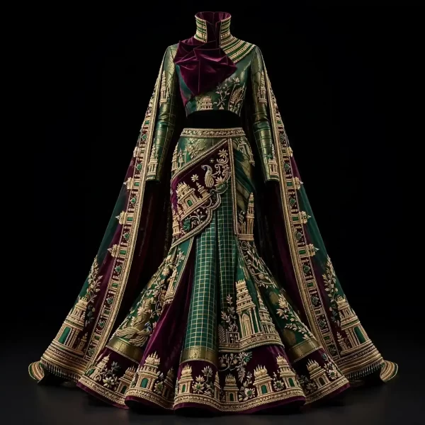 Expensive Emerald Green Burgundy Velvet High Neck Cape Lehenga with Peacock Temple Work