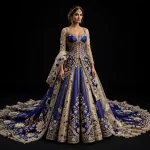 Expensive Royal Blue Gold Corset Lehenga with Blue Lotus Floral Cape Train