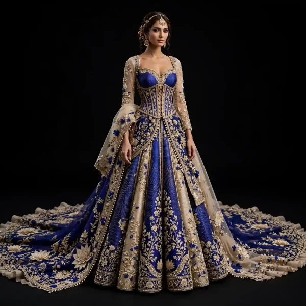 Expensive Royal Blue Gold Corset Lehenga with Blue Lotus Floral Cape Train