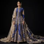 Expensive Royal Blue Gold Wave Stripe Corset Lehenga with Gold Floral Embroidery