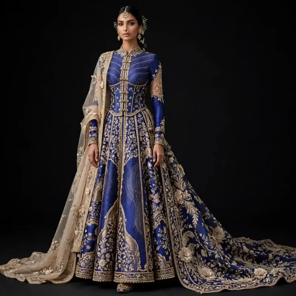 Expensive Royal Blue Gold Wave Stripe Corset Lehenga with Gold Floral Embroidery
