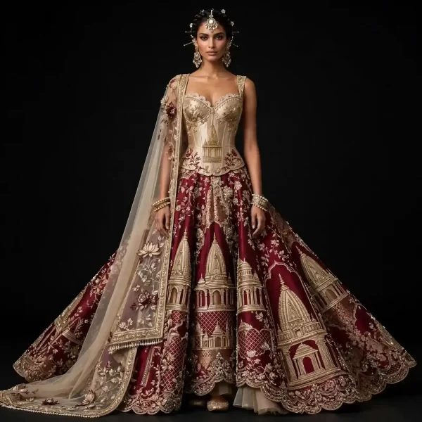 Expensive Maroon Gold Temple Tower Bridal Lehenga with Corset Top and Pearl Dupatta