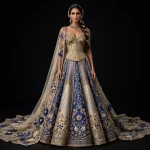 Blue Lotus Temple ExpensiveE Royal Blue Gold Ivory Temple Heavy Bridal Lehenga with Cape