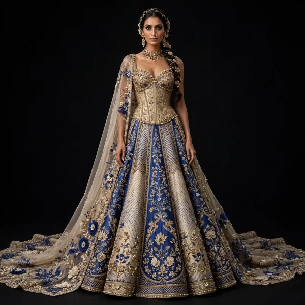Blue Lotus Temple Expensive Royal Blue Gold Ivory Temple Heavy Bridal Lehenga with Cape