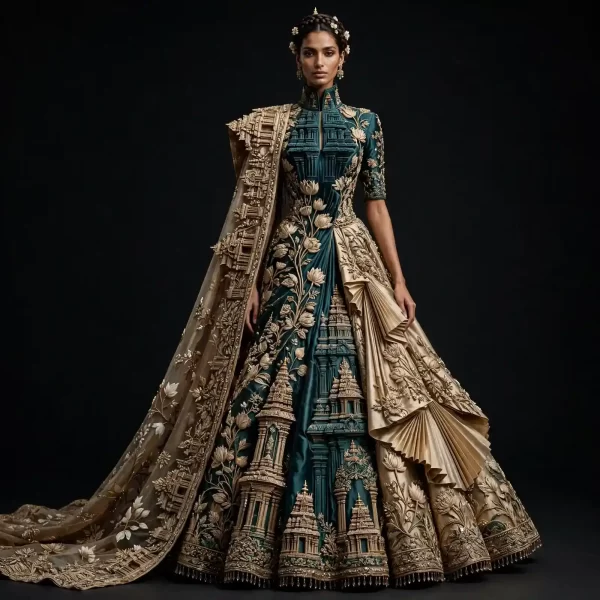 Teal Lotus Palace ExpensiveE Teal Gold Temple Lotus Palace 3D Sculpture Heavy Bridal Lehenga