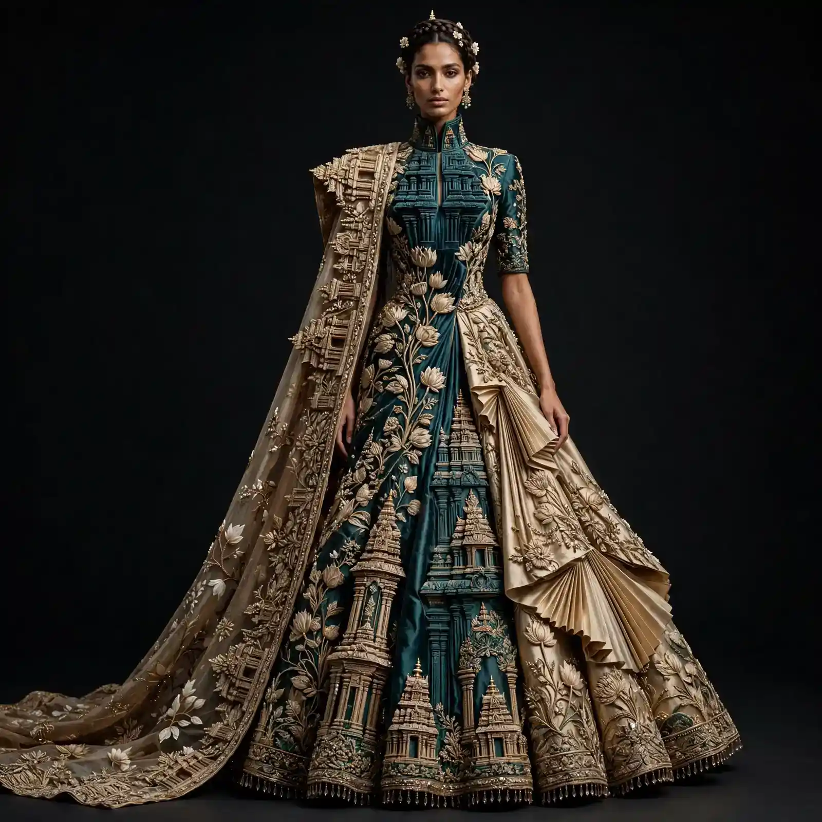 Teal Lotus Palace ExpensiveE Teal Gold Temple Lotus Palace 3D Sculpture Heavy Bridal Lehenga