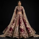 Burgundy Mirror Floral ExpensiveE Burgundy Maroon Gold Mirror Work Heavy Bridal Lehenga with Floral Tulle Frill